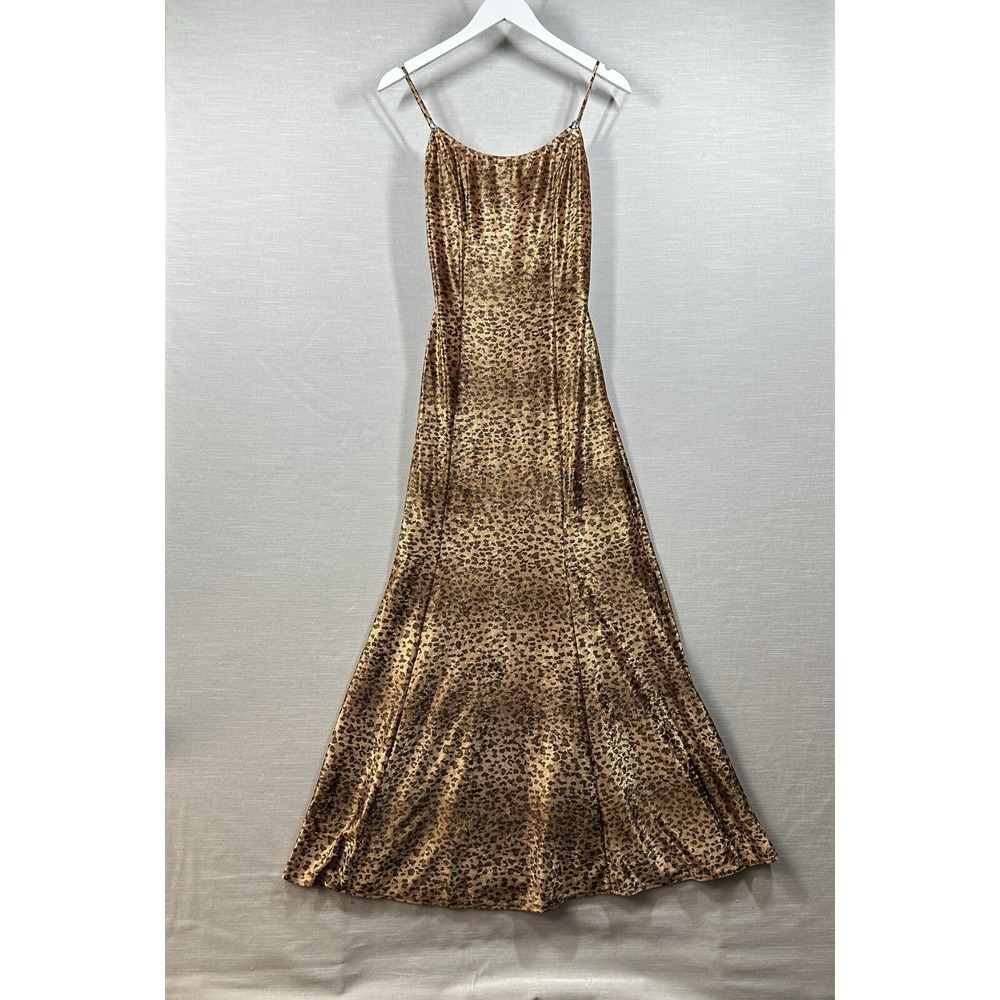 Vintage David &‎ Johnny Maxi Dress Women 4 Gold Leopard Print Gown Y2K